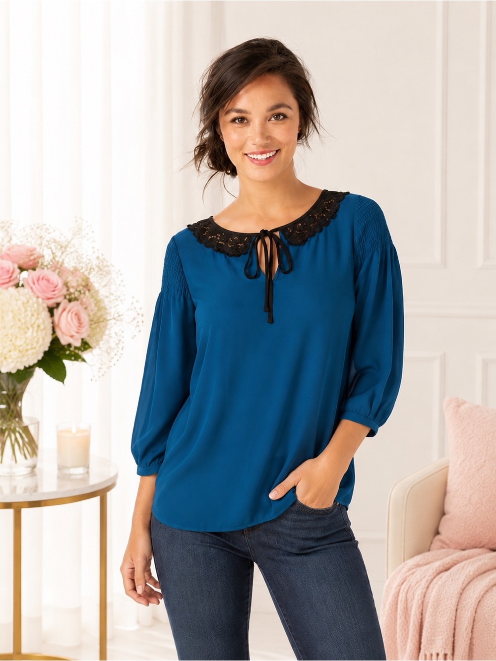 LC Lauren Conrad Teal Lace Trim Peasant Blouse Boho Tie Neck Top NWT S